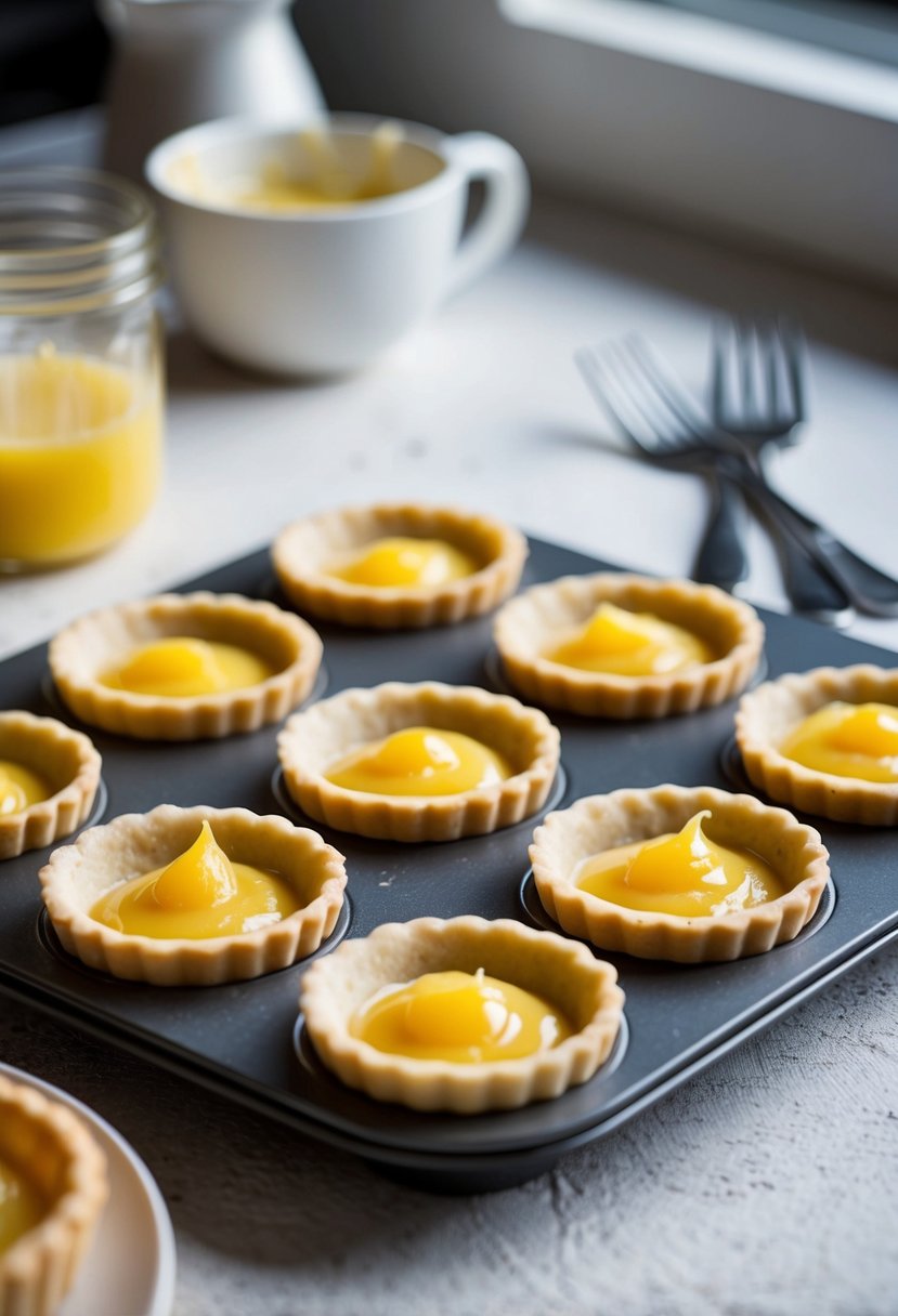 A table set with mini pie molds filled with lemon curd tartlet batter