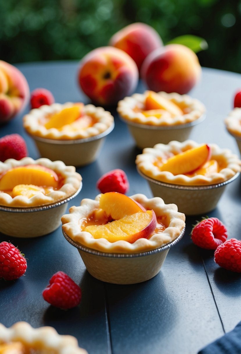 A table set with mini pie molds filled with Peach Melba Pie Cups, surrounded by fresh peaches and raspberries