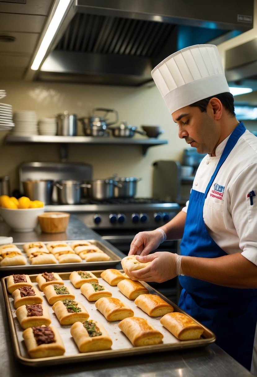 A Texan kitchen with a variety of kolaches baking in the oven, while a chef prepares the dough and fills them with savory and sweet fillings