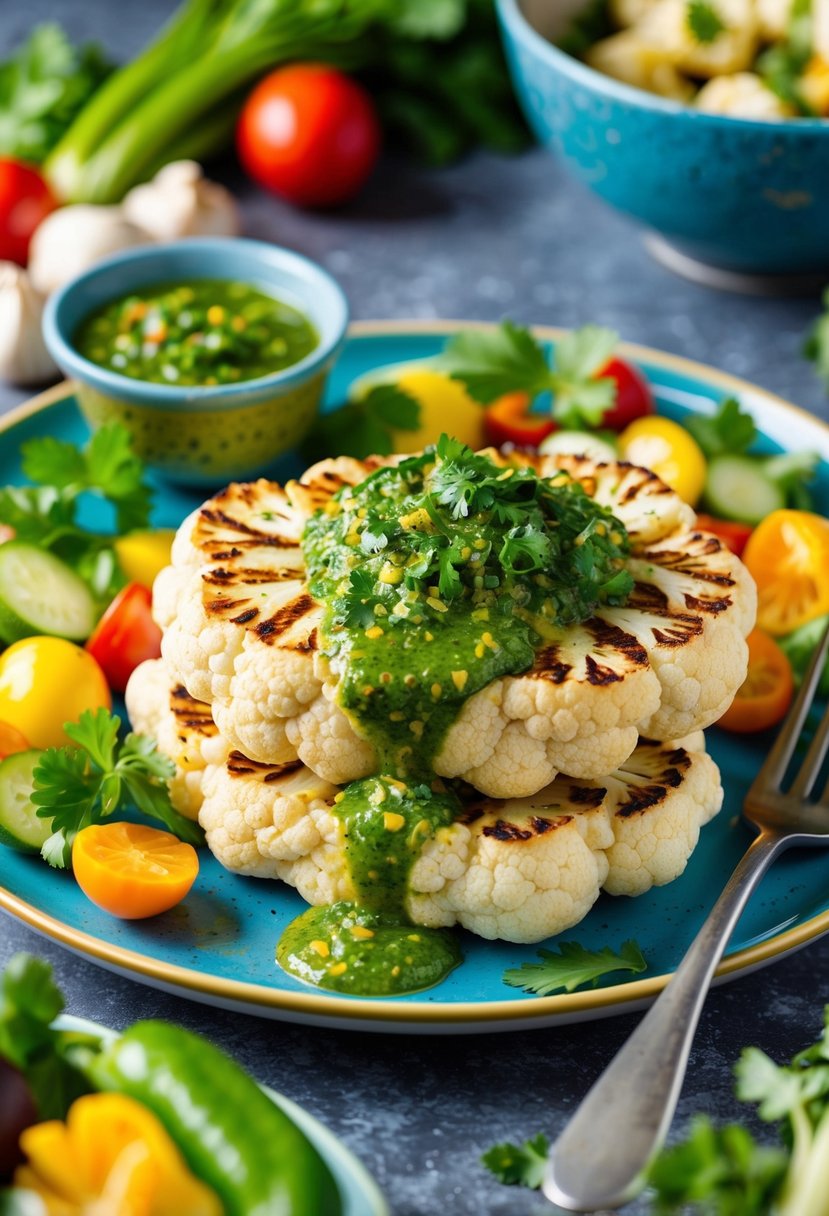 A colorful plate of grilled cauliflower steaks topped with vibrant green chimichurri sauce, surrounded by a variety of fresh vegetables