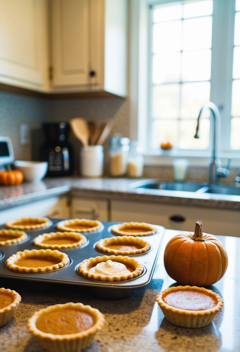 A kitchen counter with mini pie molds, ingredients, and pumpkin spice tarts ready for baking