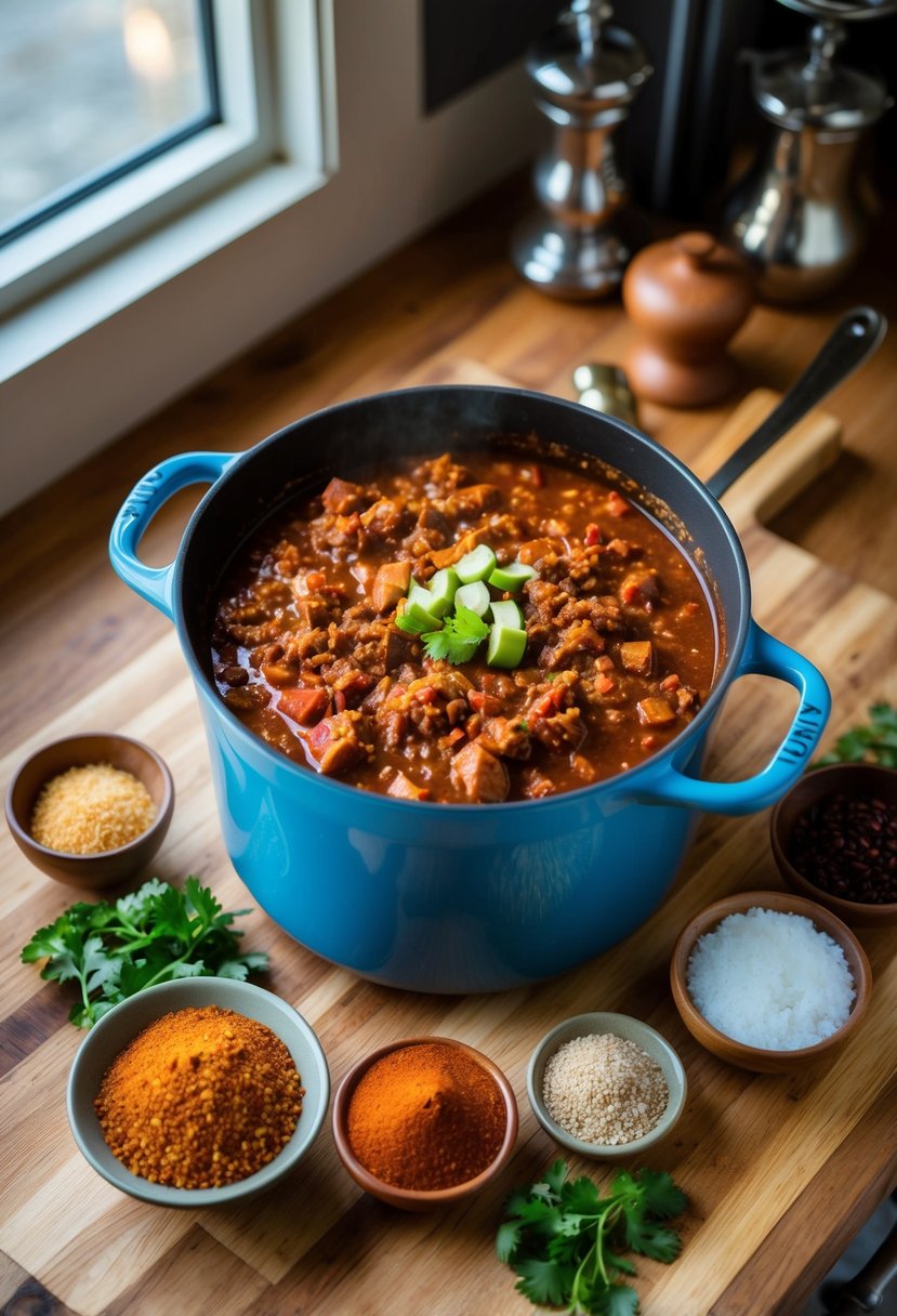 A simmering pot of chili con carne surrounded by Texan spices and ingredients on a wooden kitchen countertop