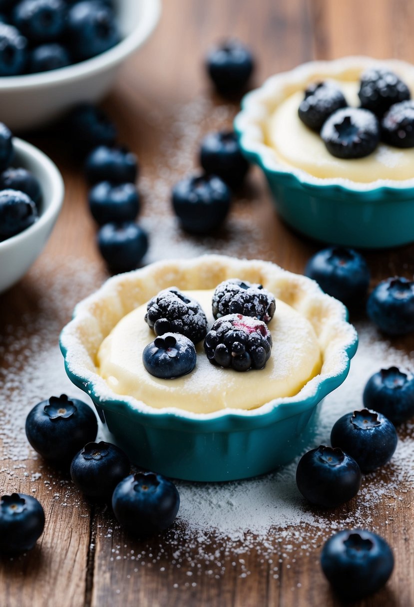 A mini pie mold filled with blueberry cheesecake batter, surrounded by fresh blueberries and a dusting of powdered sugar