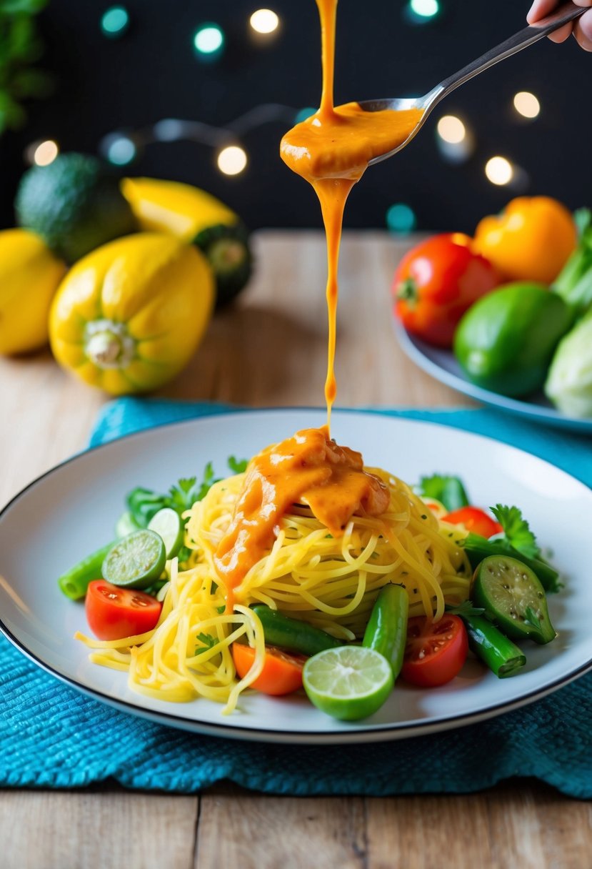 A colorful array of fresh vegetables and cooked spaghetti squash arranged on a plate, with a pad Thai sauce drizzled on top