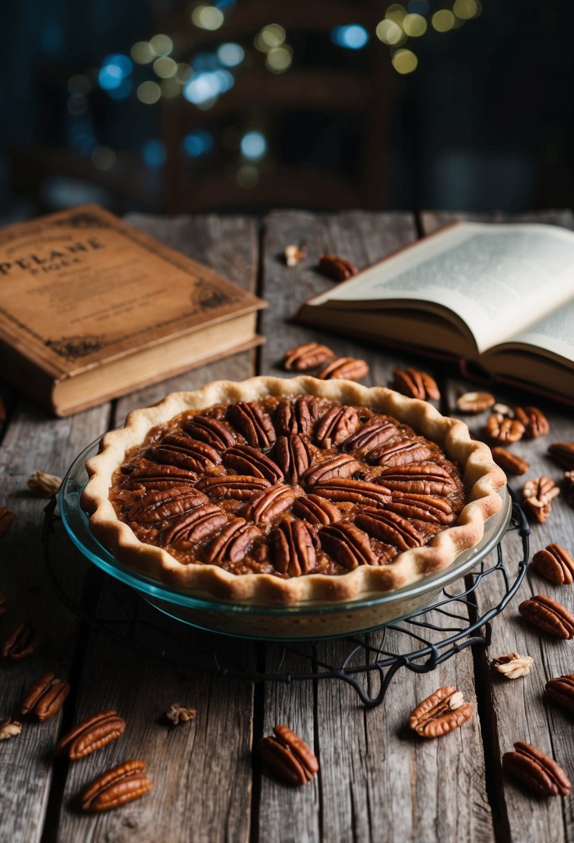 A pecan pie cooling on a rustic wooden table, surrounded by pecans and a vintage recipe book