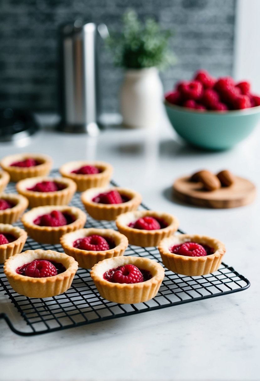 A kitchen counter with a tray of freshly baked raspberry almond tartlets cooling on a wire rack