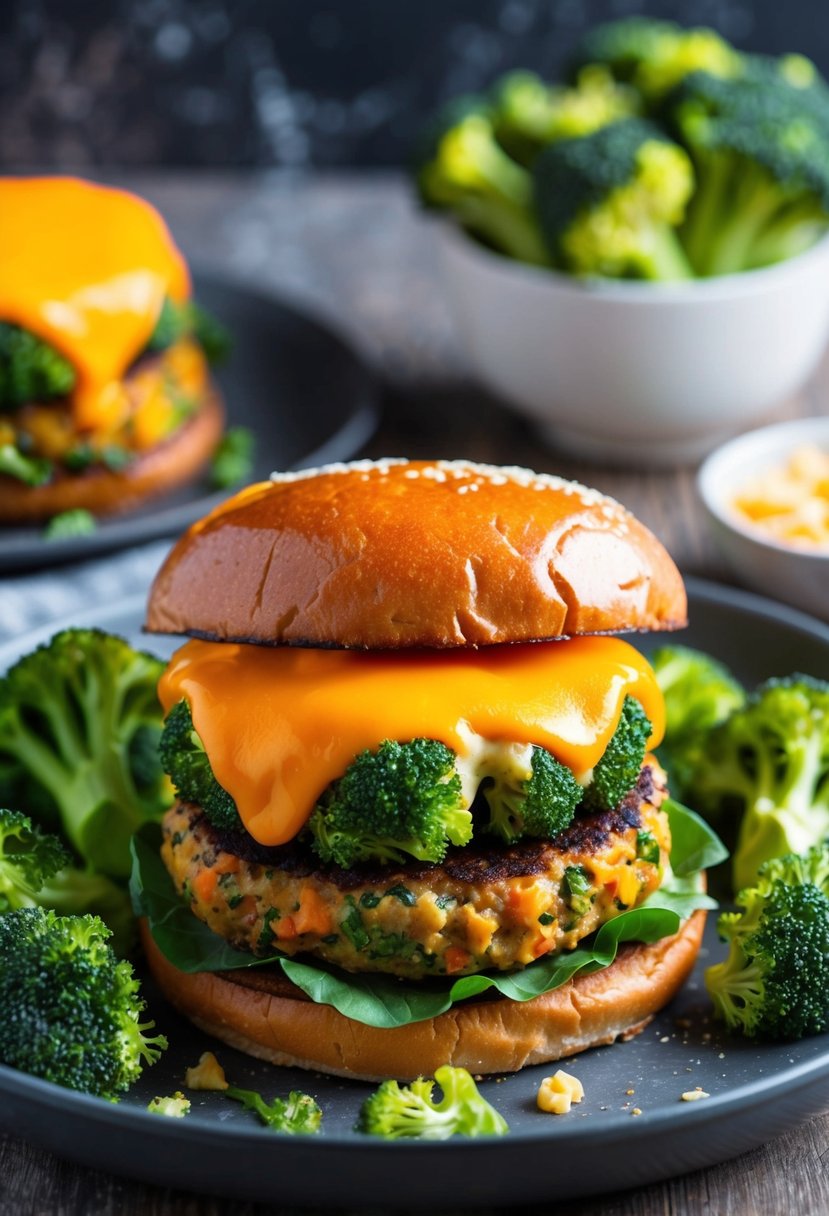 A sizzling veggie burger topped with melted cheddar cheese and surrounded by vibrant green broccoli florets