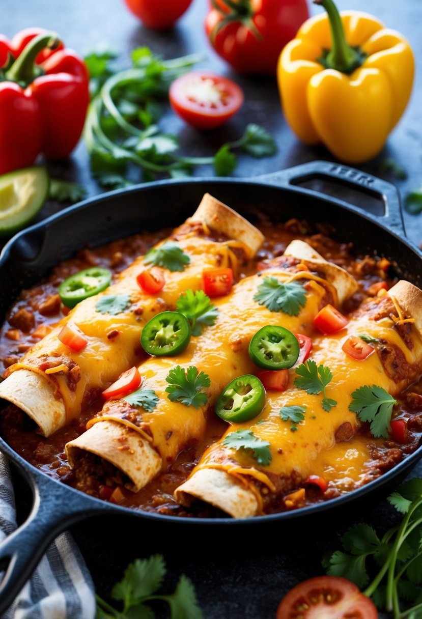 A sizzling skillet of Tex-Mex enchiladas, topped with melted cheese and surrounded by vibrant peppers, tomatoes, and cilantro