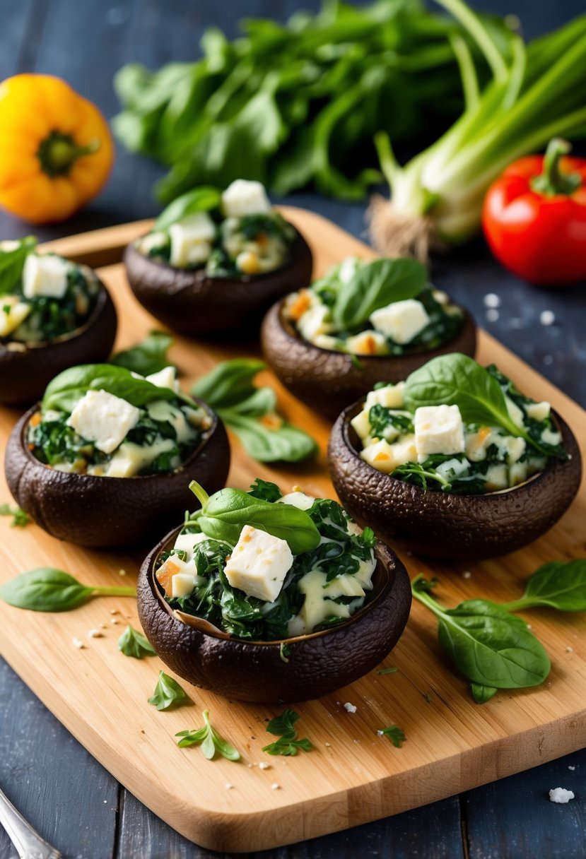 Portobellos stuffed with spinach and feta, surrounded by fresh vegetables on a wooden cutting board