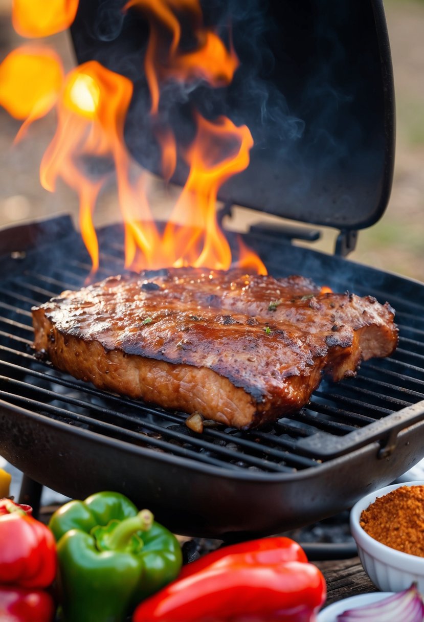 A sizzling barbecue brisket on a smoking grill, surrounded by Texan ingredients like peppers, onions, and spices