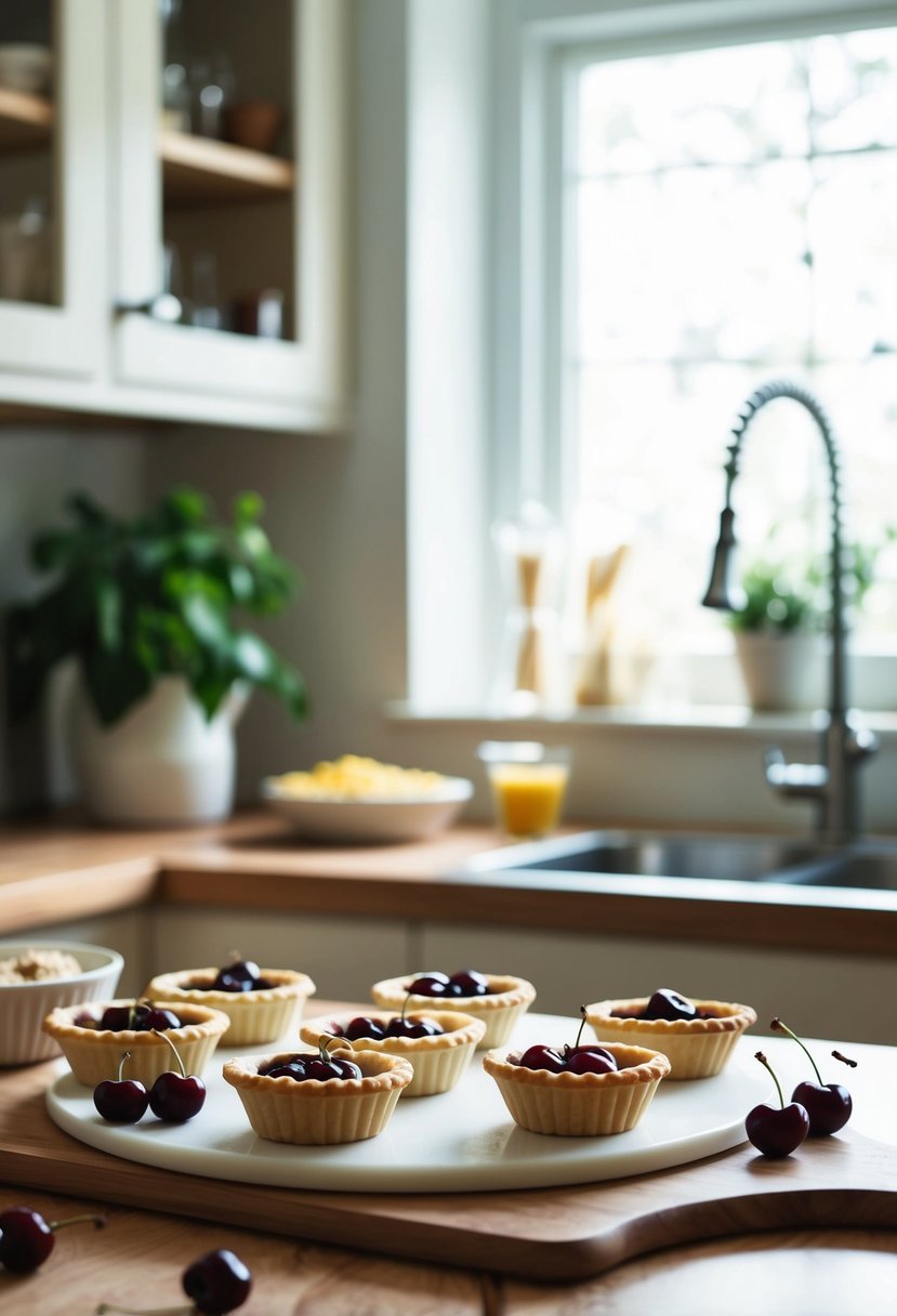 A kitchen counter with mini pie molds, fresh cherries, and ingredients for hand pies