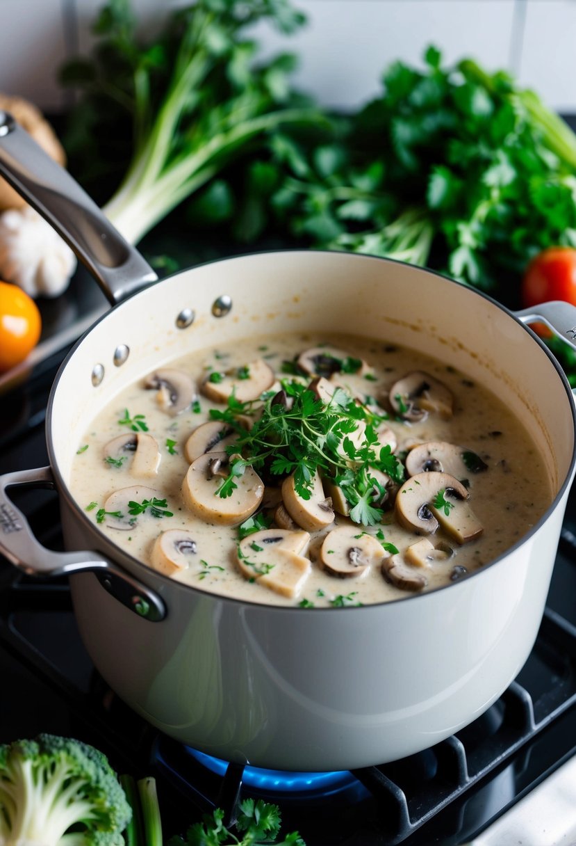 A pot of creamy vegan mushroom stroganoff simmers on a stovetop, surrounded by fresh vegetables and herbs