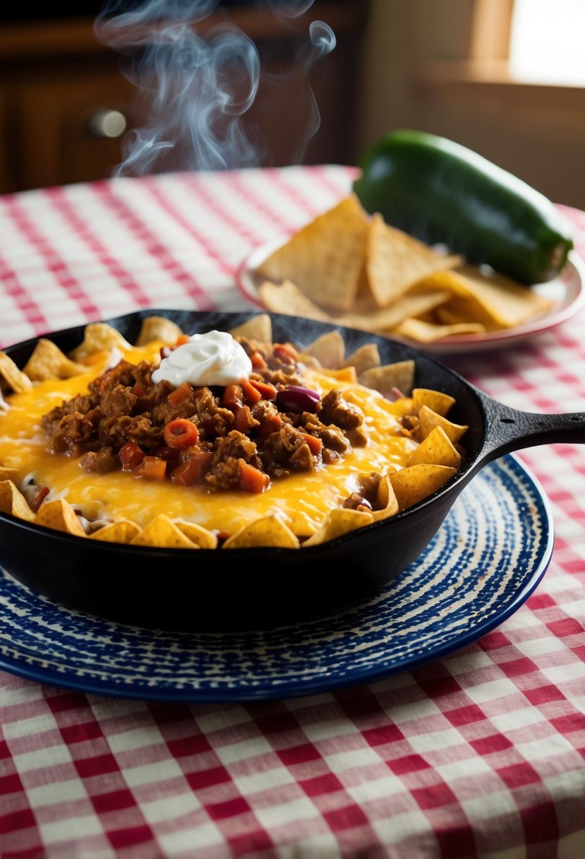 A steaming skillet of Frito Pie, topped with chili, cheese, and onions, sits on a checkered tablecloth in a cozy Texan kitchen