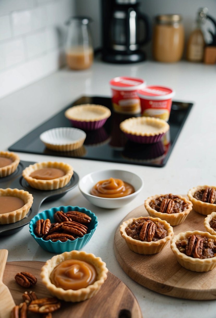 A kitchen counter with mini pie molds, ingredients, and caramel pecan tassies ready for baking