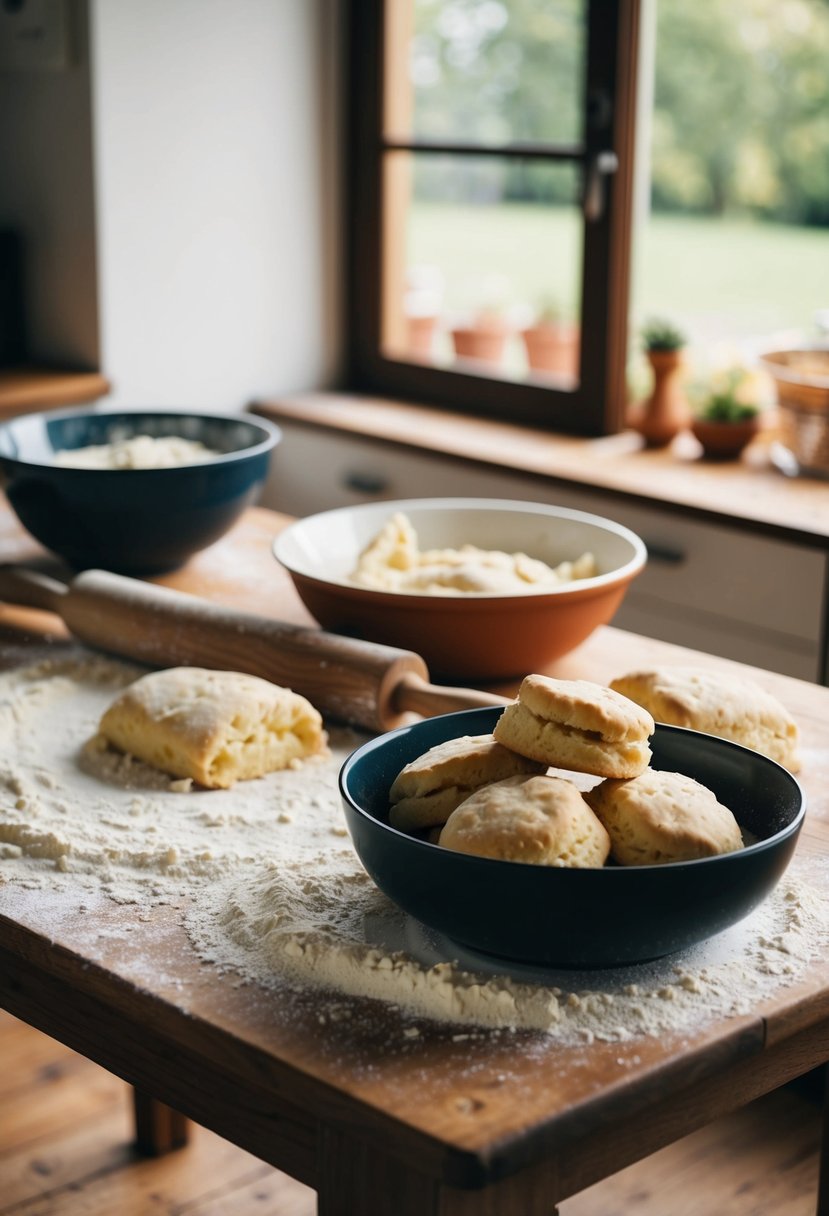 A rustic kitchen with a wooden table covered in flour, a rolling pin, and a bowl of buttermilk biscuit dough ready to be shaped and cut