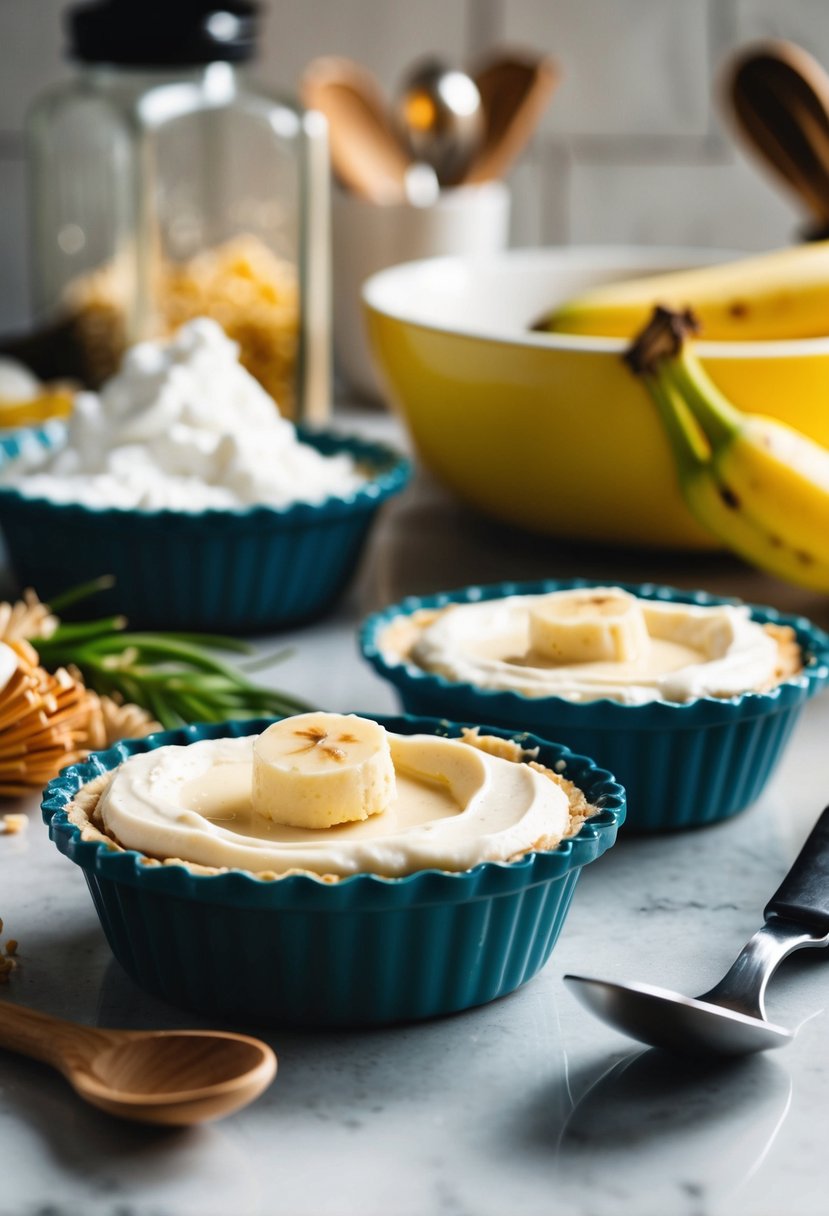 A kitchen counter with a mini pie mold filled with banana cream pie mixture, surrounded by ingredients and utensils