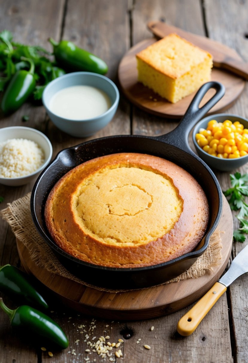 A rustic kitchen with a vintage cast iron skillet filled with freshly baked cornbread, surrounded by ingredients like cornmeal, buttermilk, and jalapeños