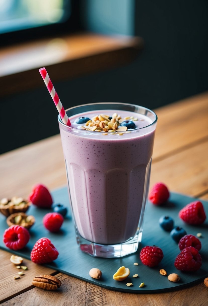 A glass of keto slim fast shake surrounded by fresh berries and nuts on a wooden table