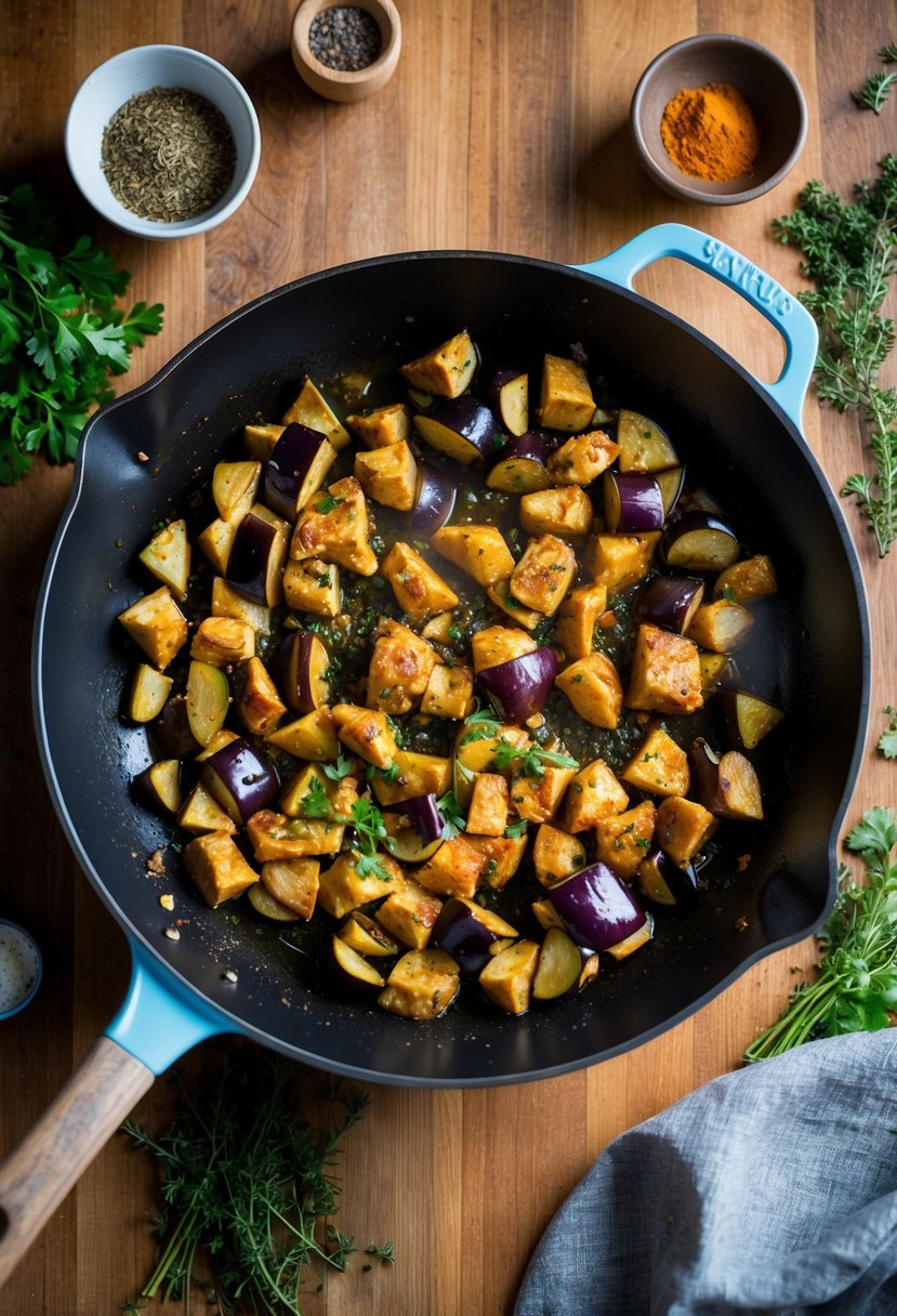 A sizzling skillet with diced eggplant and chicken cooking together, surrounded by colorful herbs and spices