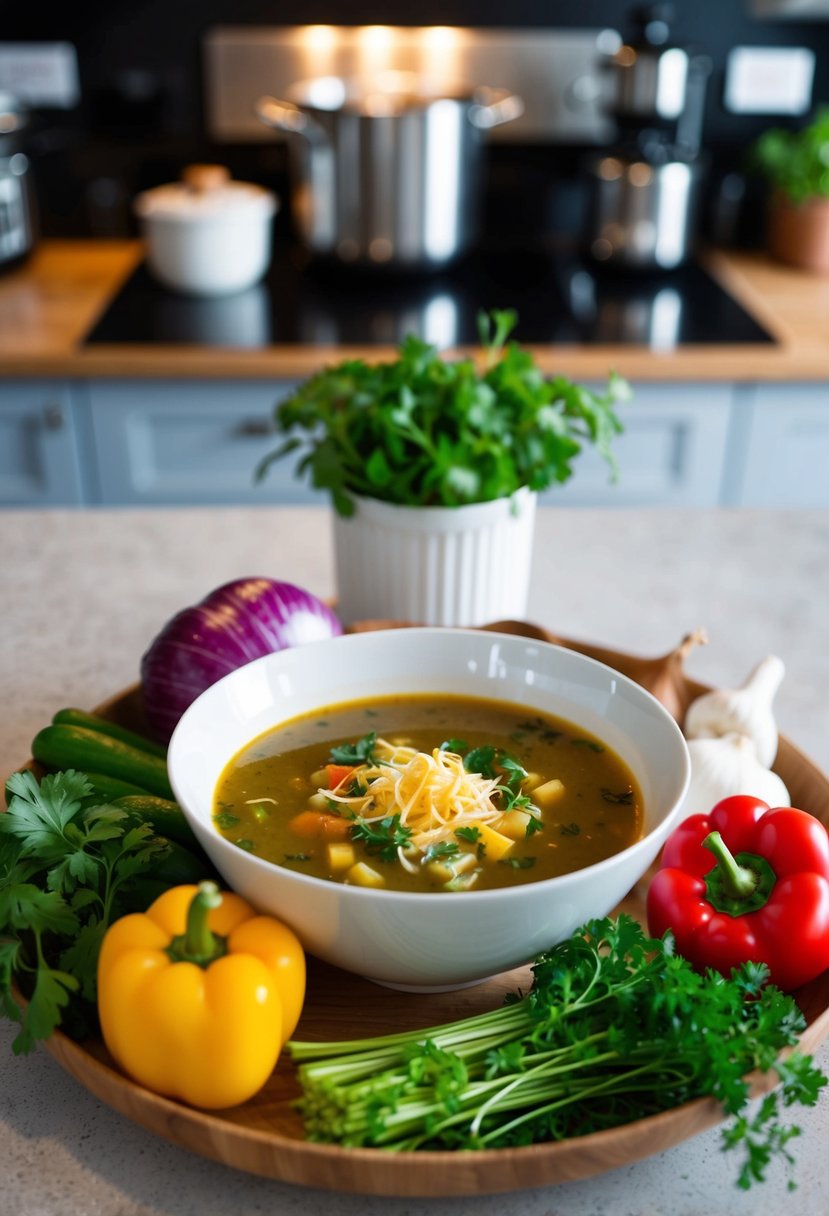 A bowl of zero-point soup surrounded by various ingredients like vegetables and herbs on a kitchen counter