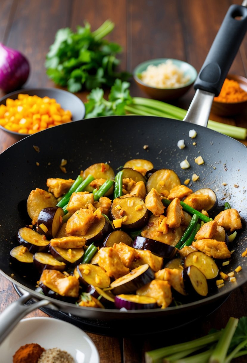 Sizzling chicken and eggplant stir-fry in a hot wok. Chopped vegetables and spices nearby