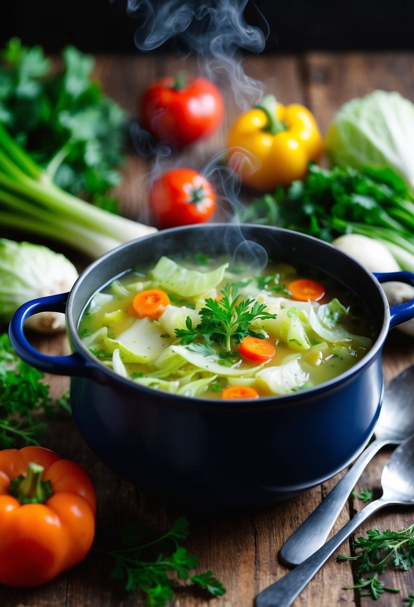 A steaming pot of zero point cabbage soup surrounded by fresh vegetables and herbs on a rustic wooden table