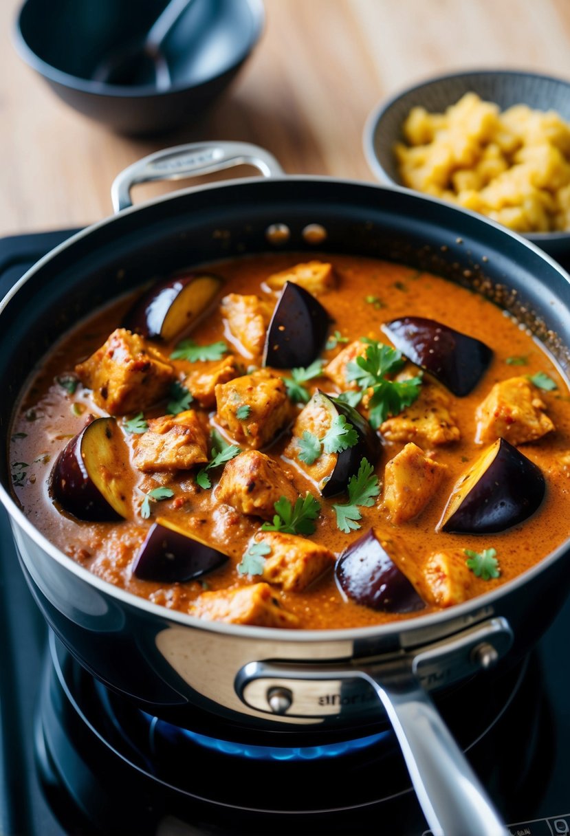 A bubbling pot of spicy eggplant chicken curry simmers on a stove, with chunks of eggplant and tender chicken pieces in a rich, aromatic sauce