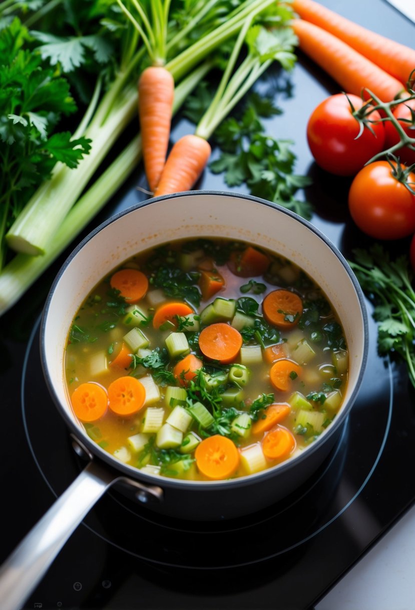 A pot of garden vegetable soup simmering on a stove, surrounded by fresh ingredients like carrots, celery, tomatoes, and herbs