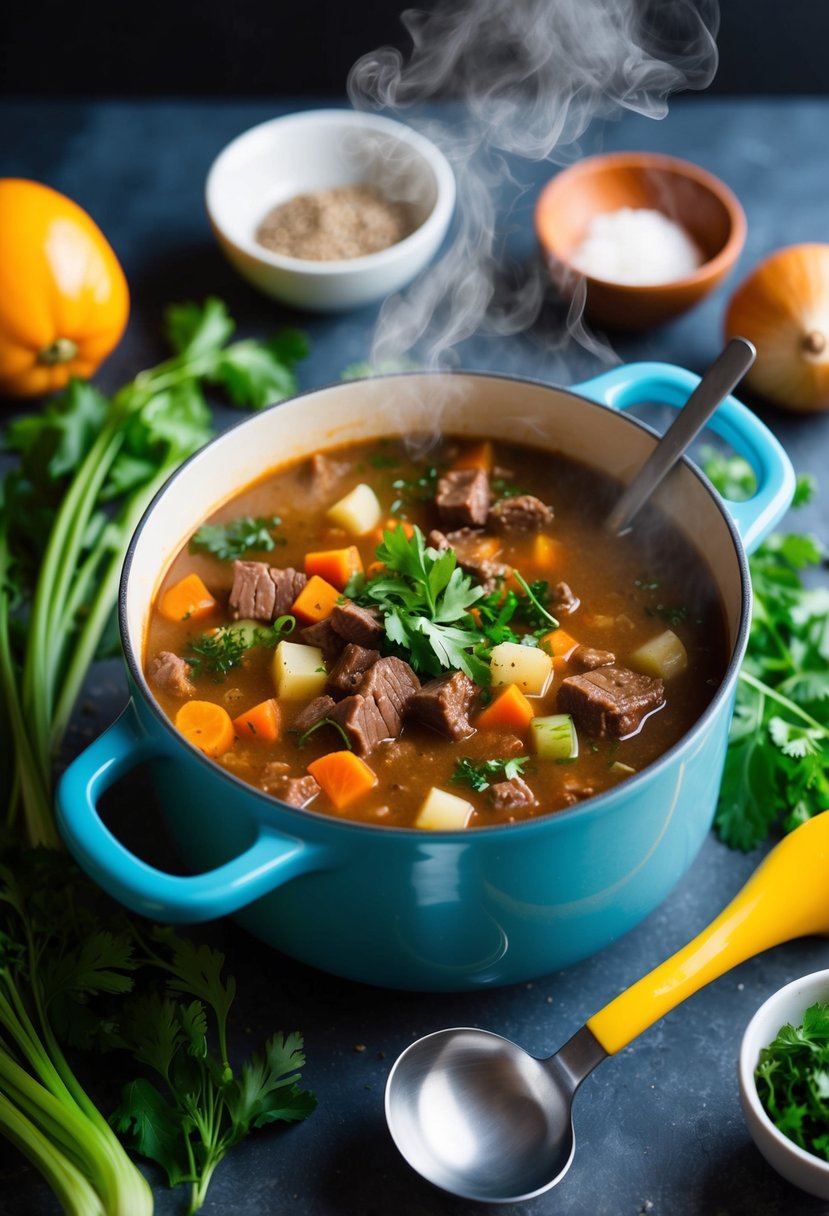 A steaming pot of hearty beef and vegetable soup surrounded by fresh ingredients and a ladle