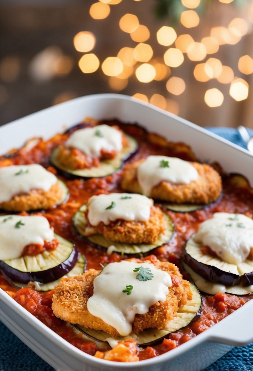 A baking dish filled with layers of breaded chicken, eggplant slices, marinara sauce, and melted cheese