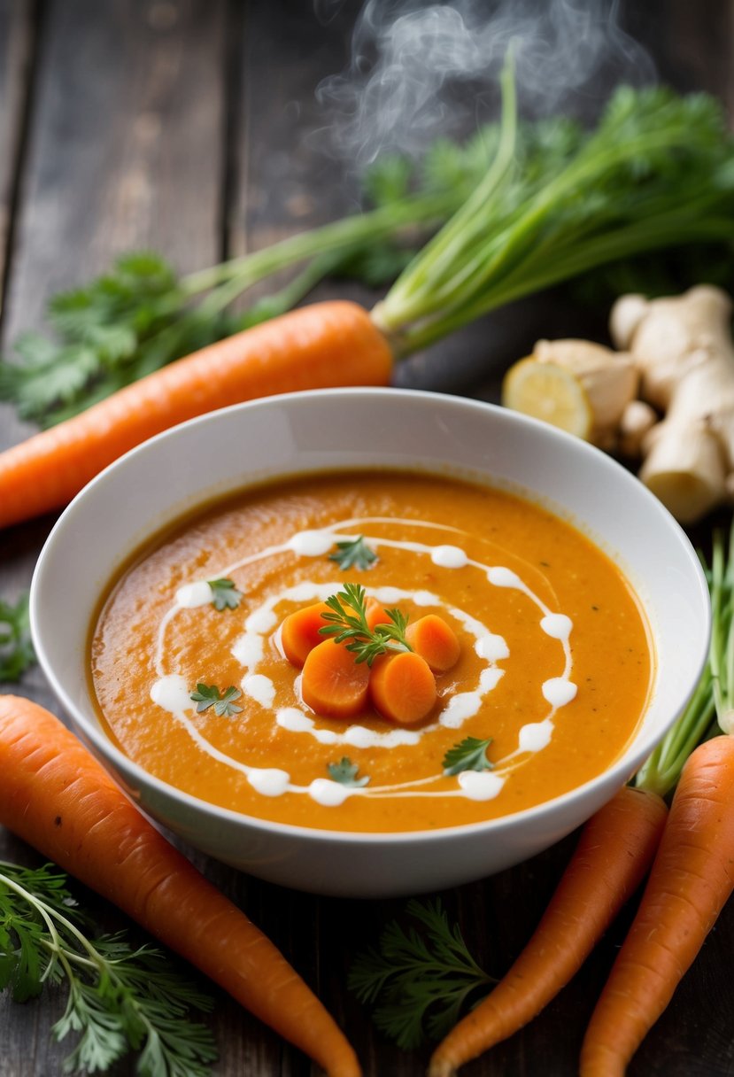 A steaming bowl of carrot ginger soup surrounded by fresh carrots and ginger root