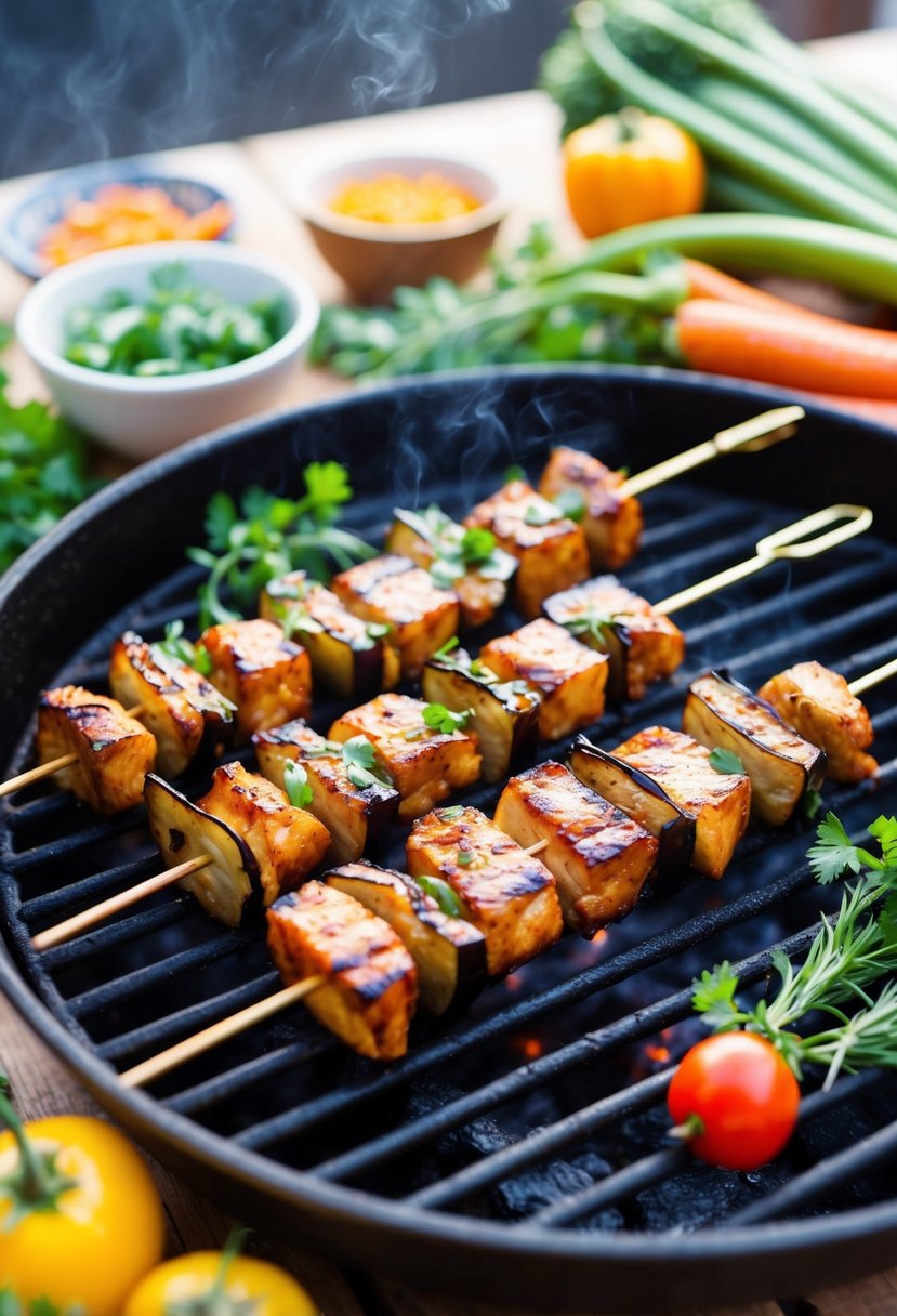 A sizzling grill with skewers of teriyaki-glazed eggplant and chicken, surrounded by vibrant vegetables and aromatic herbs