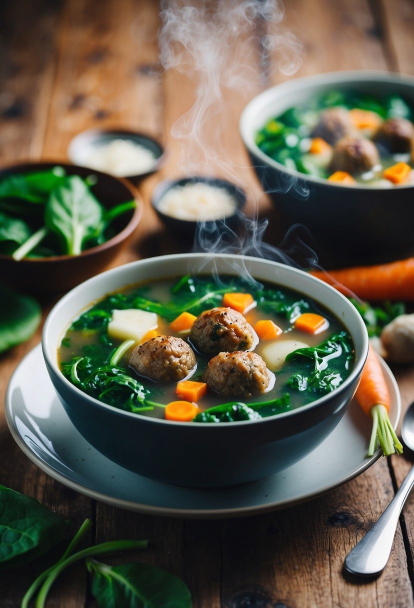 A steaming bowl of Italian Wedding Soup surrounded by fresh ingredients like spinach, carrots, and tiny meatballs, set on a rustic wooden table