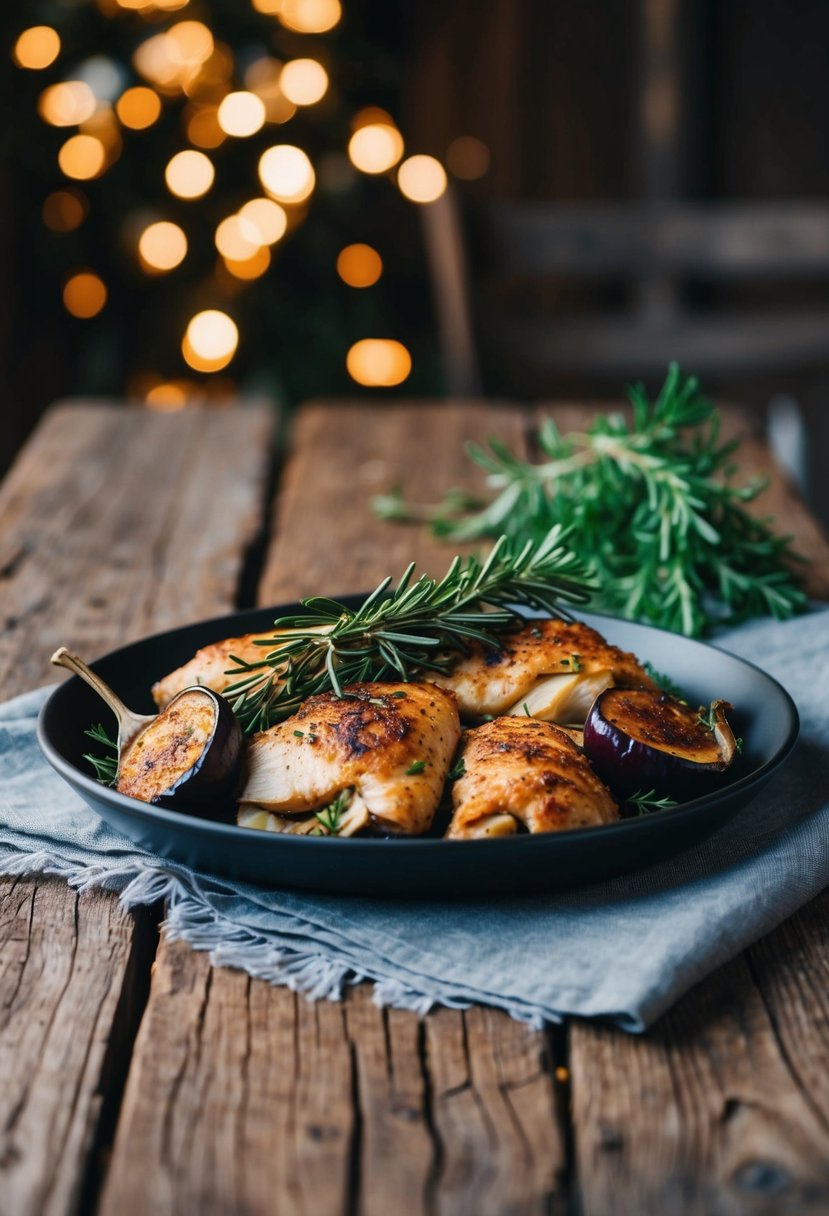 A platter of rosemary chicken and roasted eggplant on a rustic wooden table