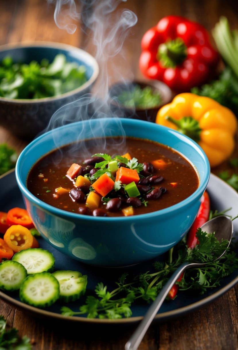 A steaming bowl of spicy black bean soup surrounded by colorful vegetables and herbs