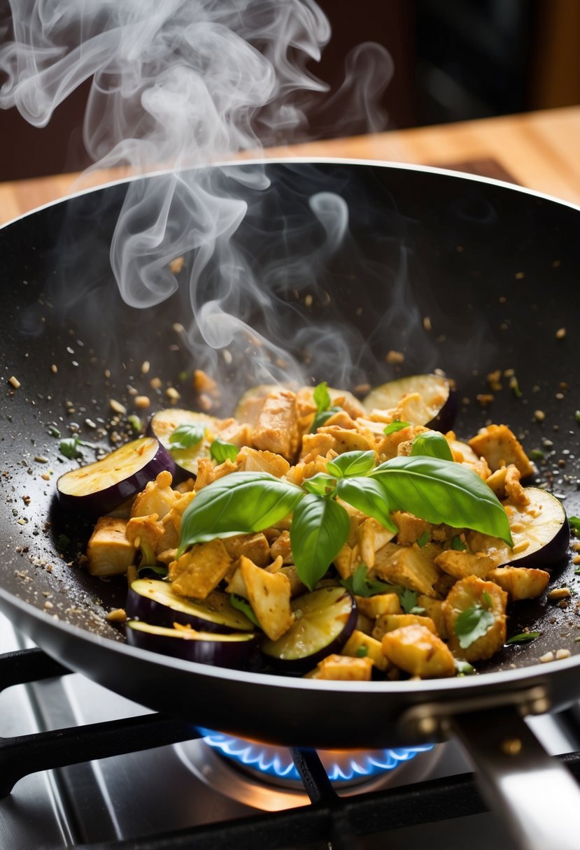 A sizzling wok with eggplant, chicken, and Thai basil cooking over a high flame. Steam rises as the ingredients are tossed together