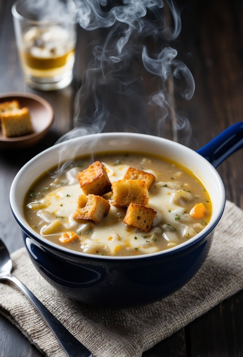 A steaming bowl of French onion soup with melted cheese and toasted croutons