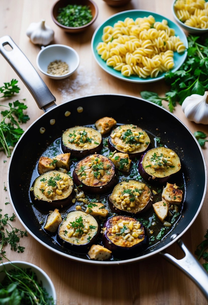 A sizzling pan of garlic-infused eggplant and chicken, surrounded by a colorful array of fresh pasta and herbs