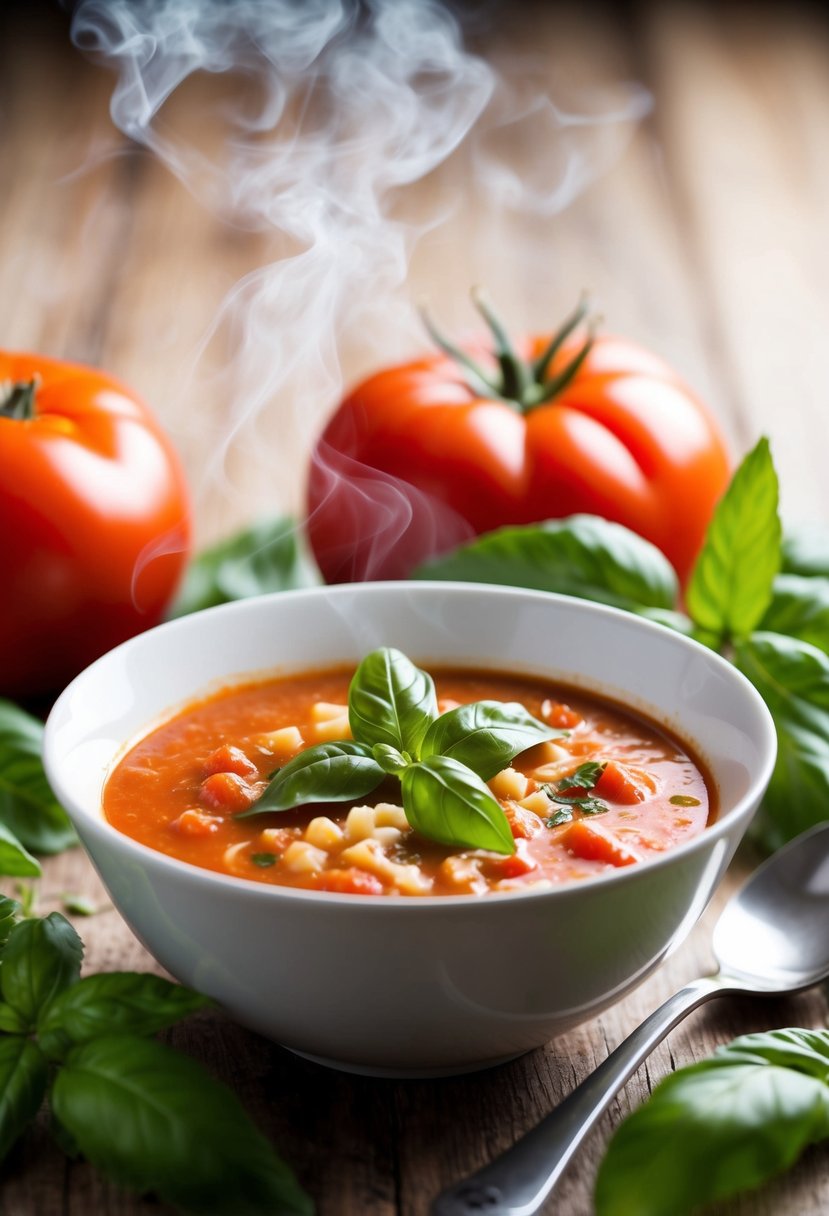 A steaming bowl of tomato basil soup surrounded by fresh basil leaves and a ripe tomato