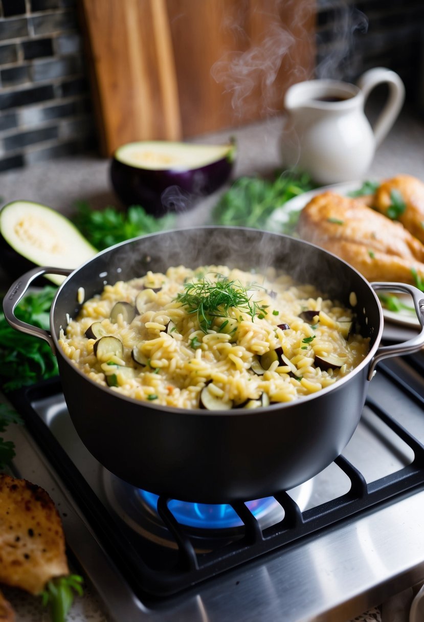 A steaming pot of creamy eggplant chicken risotto simmering on a stovetop, surrounded by fresh ingredients like eggplant, chicken, and arborio rice