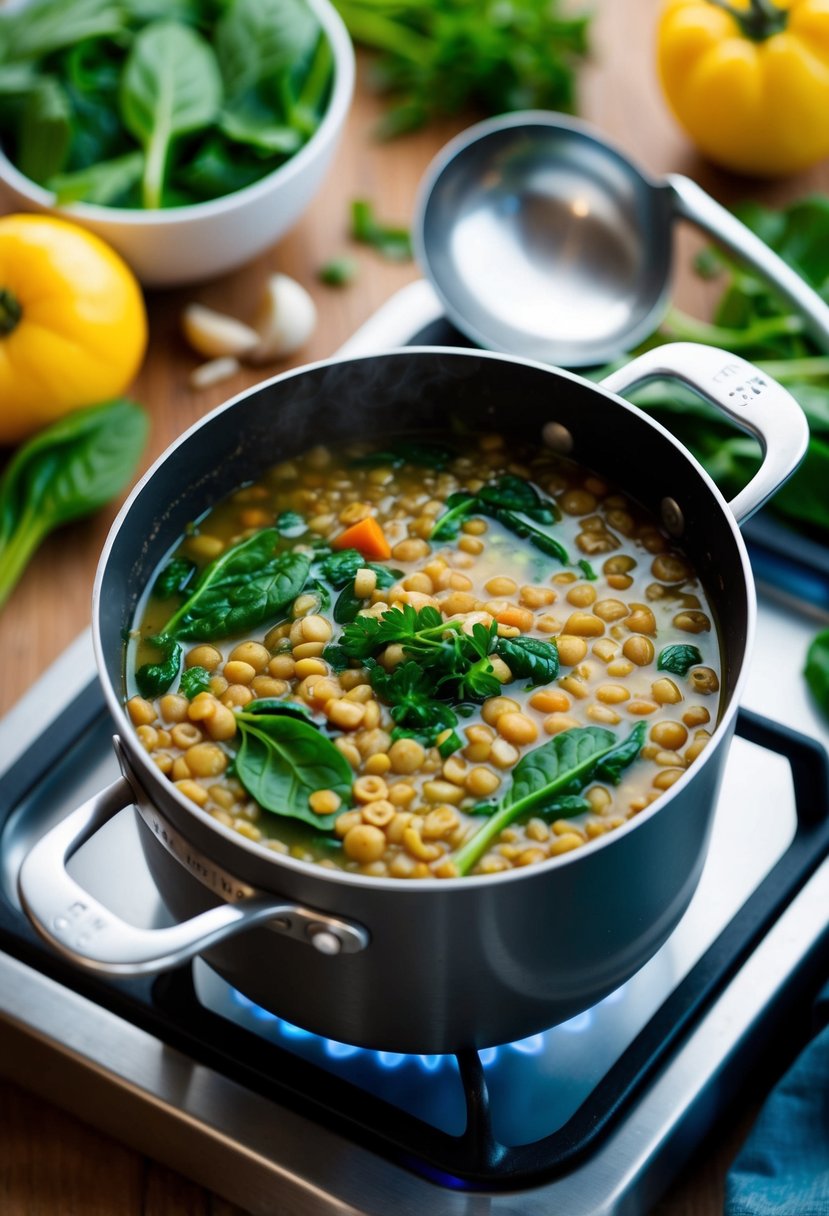 A pot of lentil soup with spinach simmers on the stove, surrounded by fresh ingredients and a ladle