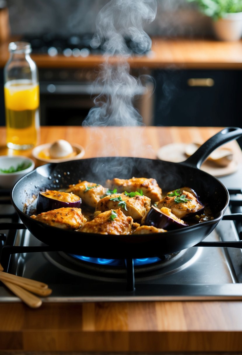 A sizzling skillet of honey garlic chicken and eggplant, with steam rising and the aroma filling the kitchen