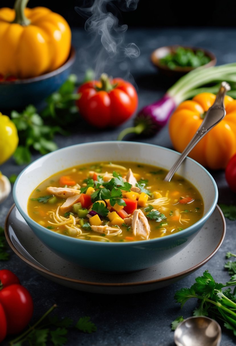 A steaming bowl of chicken tortilla soup surrounded by colorful vegetables and herbs, with a spoon resting on the side