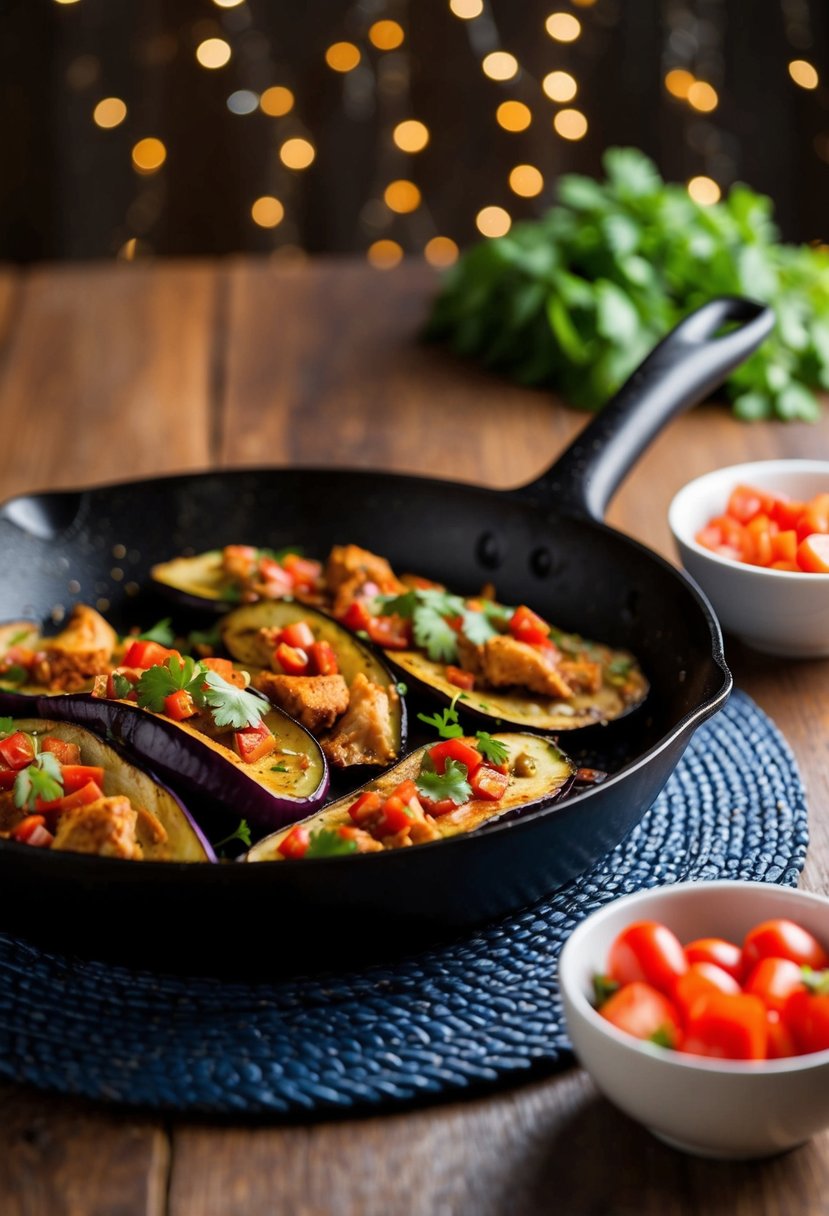 Sizzling skillet with colorful eggplant and chicken fajitas