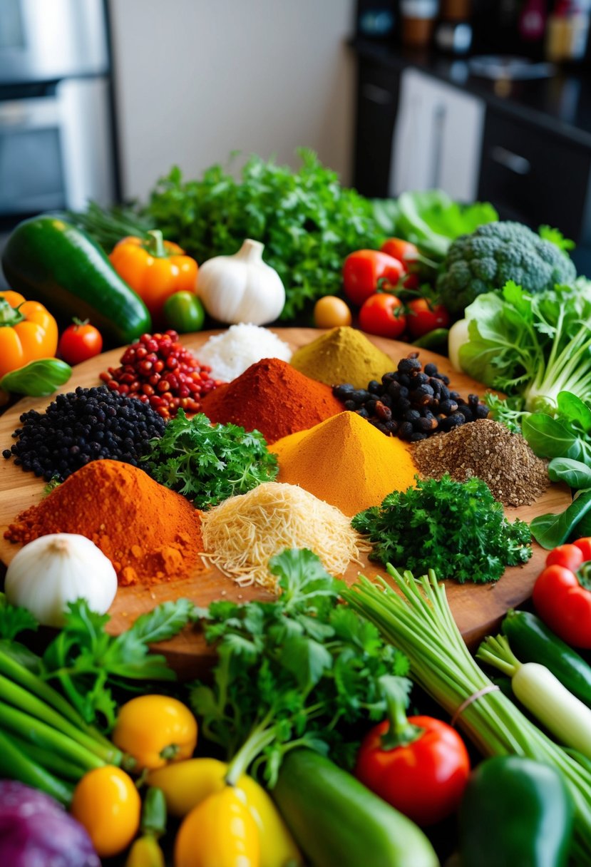 A colorful array of fresh vegetables, spices, and herbs spread out on a wooden cutting board, ready to be used in traditional Gujarati vegetarian recipes