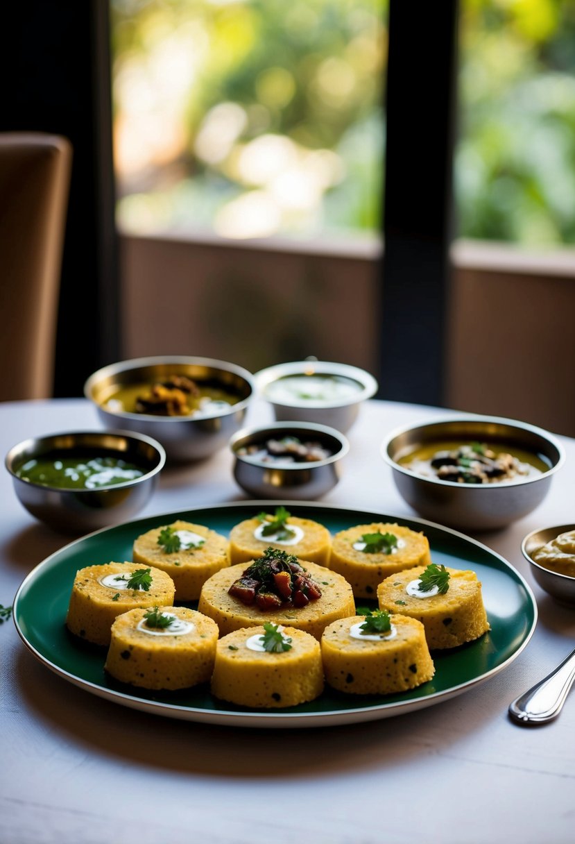 A table set with steamed dhokla, chutney, and garnishes