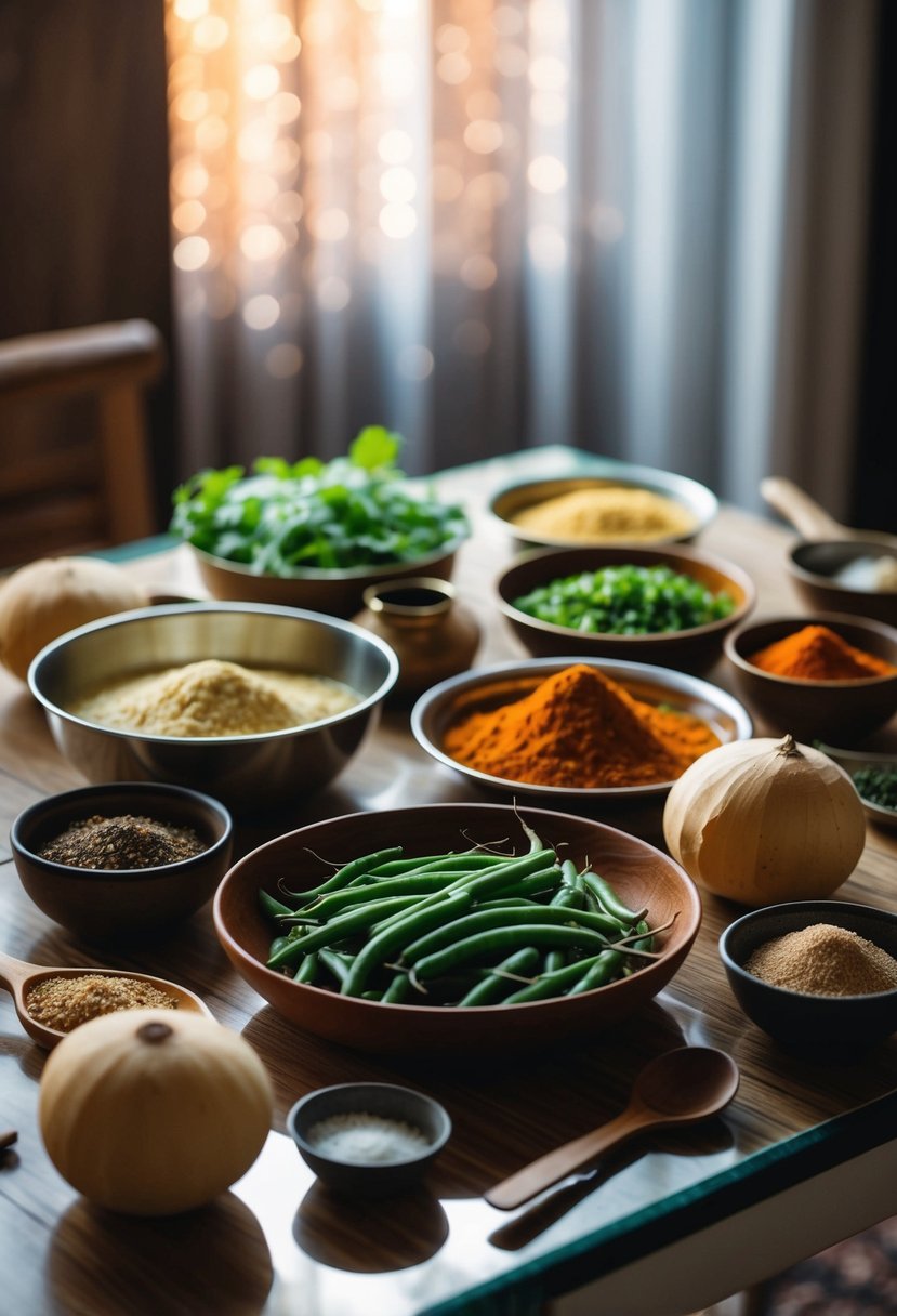 A table set with various ingredients like yam, green beans, and spices for making Undhiyu, a traditional Gujarati vegetarian dish