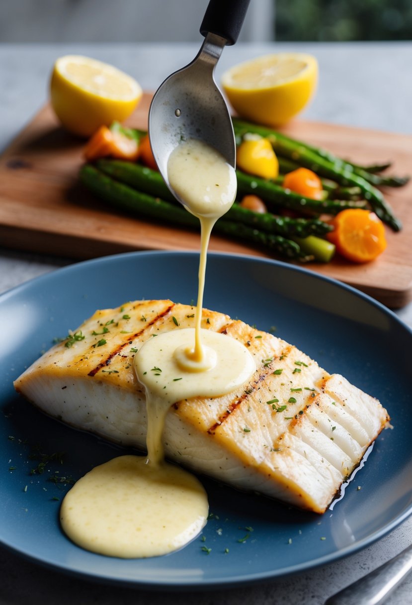 A halibut fillet being seasoned and grilled with a side of roasted vegetables and a drizzle of lemon butter sauce