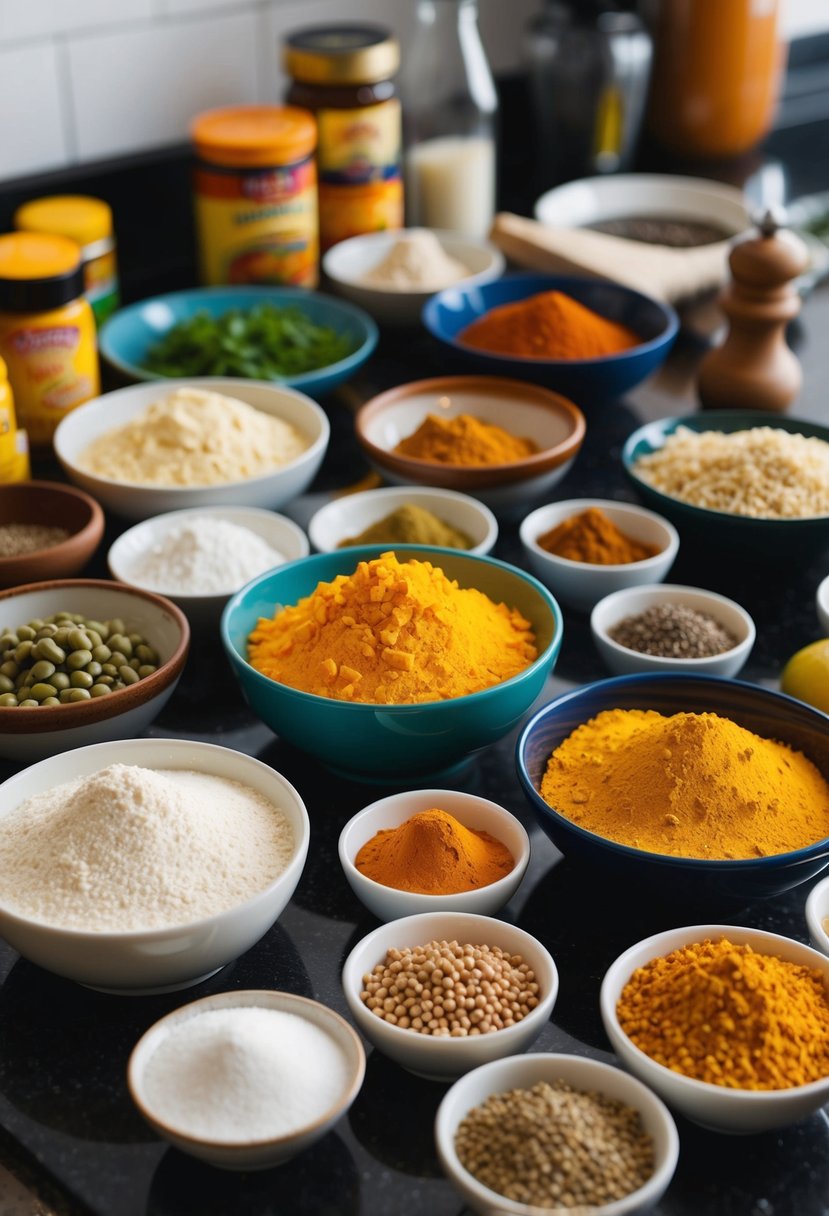 A colorful array of ingredients and spices spread out on a kitchen counter, including besan flour, turmeric, and mustard seeds