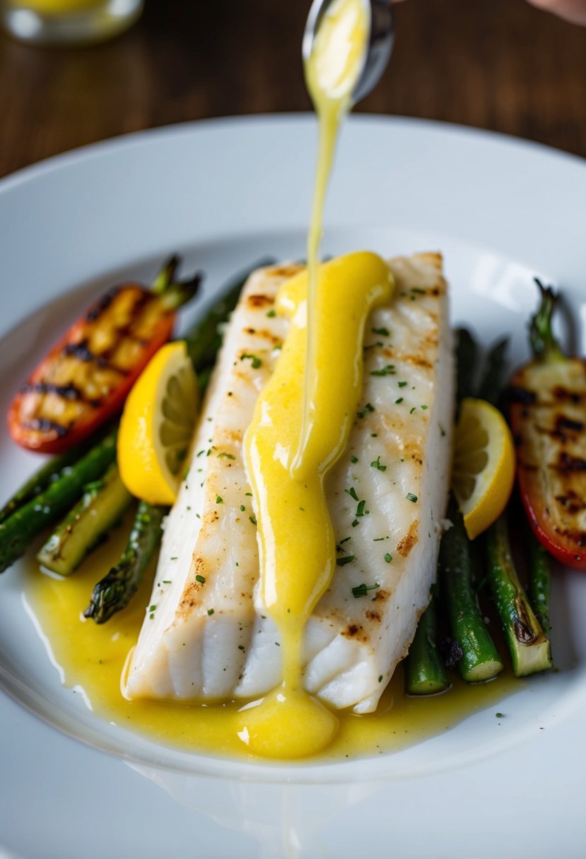 A sizzling halibut fillet drizzled with lemon butter, surrounded by grilled vegetables on a white plate